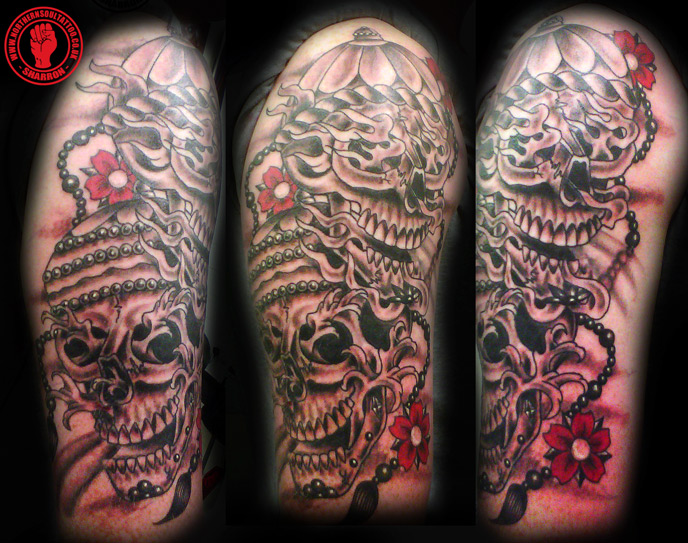 Sharron got to complete this skull half sleeve apologies for the phone
