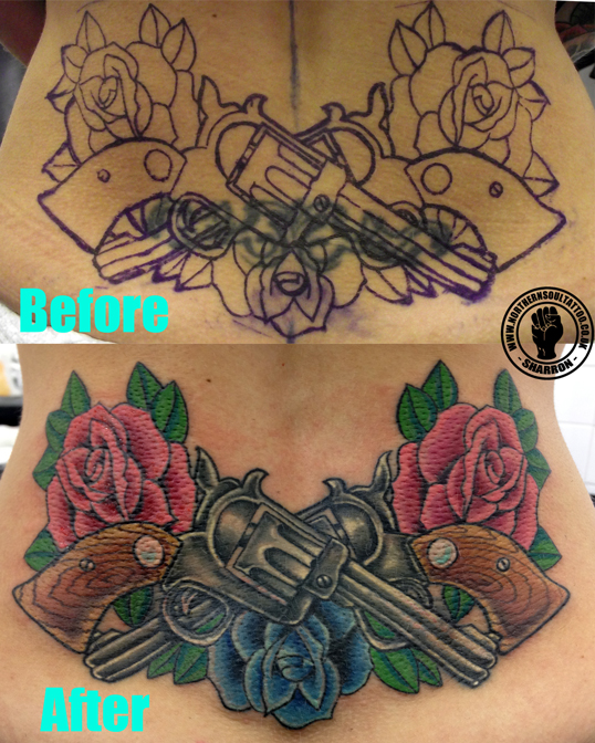 Sharron completed this cover up on the lower back It was an old tribal 